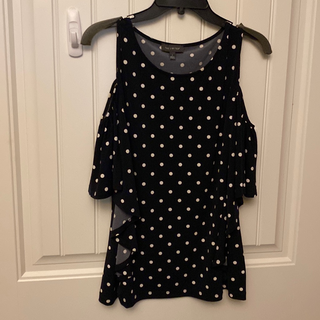 308) The Limited Sz. L Navy With White Polka Dot Cold Shoulder Top